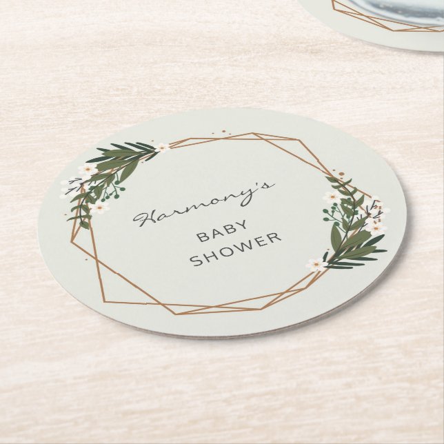 Boho Geometric Greenery Gender Neutral Baby Shower Round Paper Coaster (Angled)