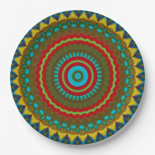 Boho Geometric Red Yellow Teal Cool Ethnic Tribal Paper Plate