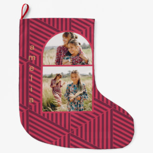Boho Geometric Two Photo and Name Large Christmas Stocking