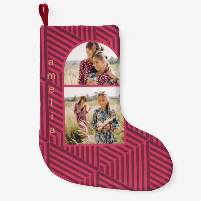 Boho Geometric Two Photo and Name Small Christmas Stocking (Front)