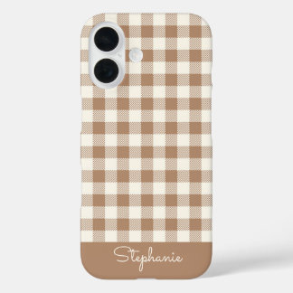 Boho Gingham Pattern Plaid Checkered Brown Name iPhone 16 Case