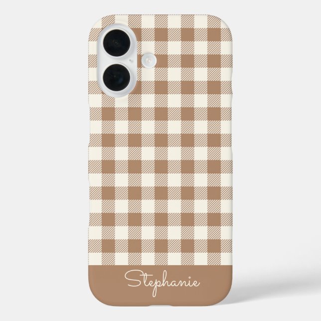 Boho Gingham Pattern Plaid Checkered Brown Name Case-Mate iPhone Case (Back)