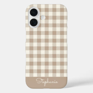 Boho Gingham Pattern Plaid Checkered Neutral Name iPhone 16 Case