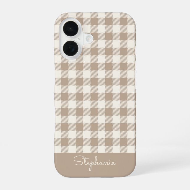 Boho Gingham Pattern Plaid Checkered Neutral Name iPhone 16 Case (Back)