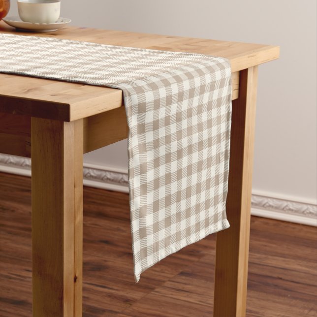 Boho Gingham Pattern Plaid Checkered Neutral Short Table Runner (In Situ)