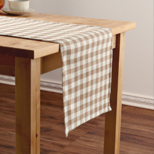 Boho Gingham Pattern Plaid Checkered Tan Brown Short Table Runner