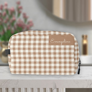 Boho Gingham Pattern Plaid Chequered Brown Name Dopp Kit