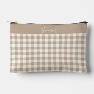 Boho Gingham Pattern Plaid Chequered Neutral Name Accessory Pouch