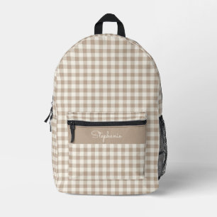 Boho Gingham Pattern Plaid Chequered Neutral Name Printed Backpack