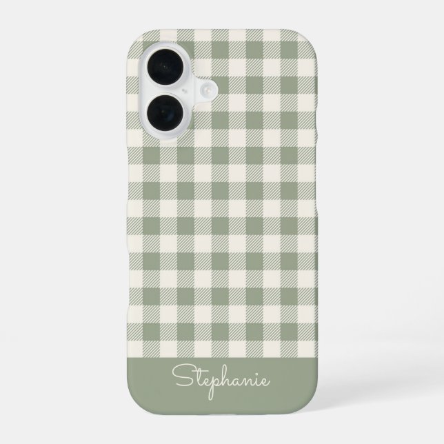 Boho Gingham Pattern Plaid Chequered Sage Name iPhone 16 Case (Back)