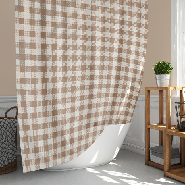 Boho Gingham Pattern Plaid Chequered Tan Brown Shower Curtain (Creator Uploaded)