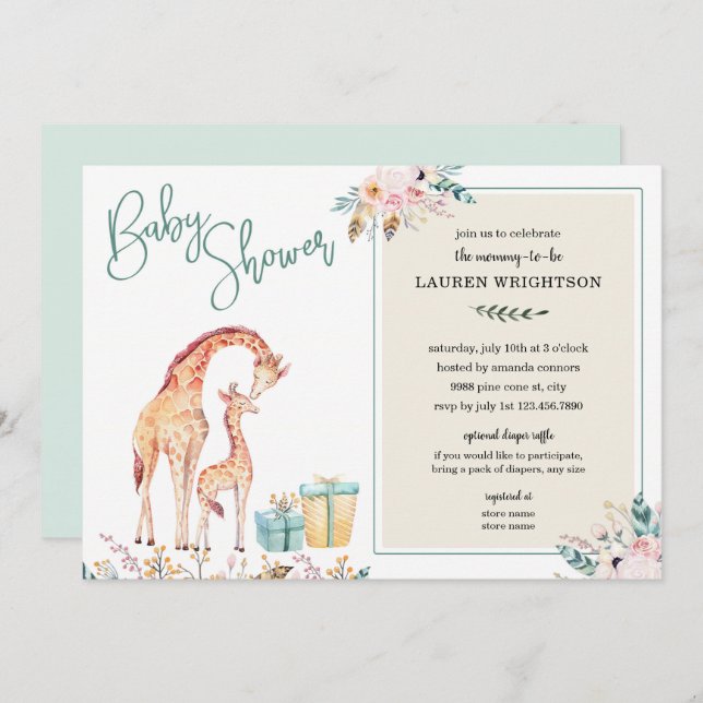 Boho Giraffe Baby Shower neutral gender invite (Front/Back)