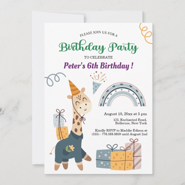 Boho Giraffe Blue Rainbow 6th Birthday Invitation (Front)
