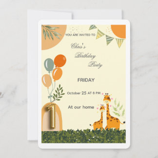 Boho Giraffe First Birthday Invitation 