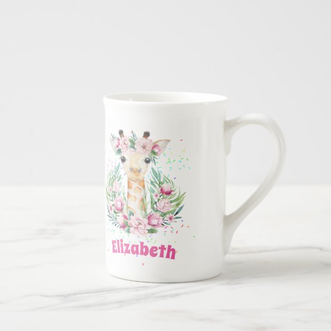 Boho Giraffe Flowers Named Girls, Teens Gifts Bone China Mug (Right)