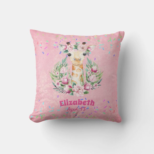 Boho Giraffe Flowers Named Girls, Teens Gifts Cushion (Front)