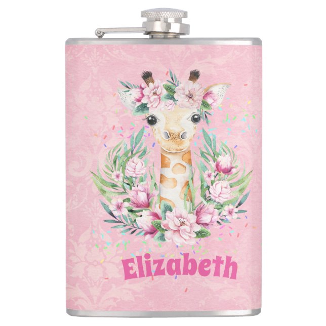 Boho Giraffe Flowers Named Girls, Teens Gifts Hip Flask (Front)