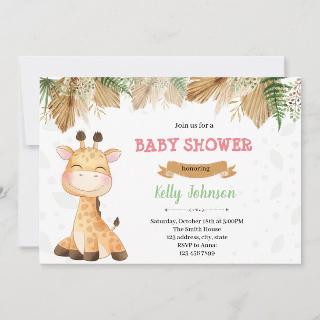 Boho giraffe party invitation (Front)