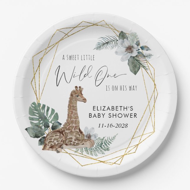 Boho Giraffe Watercolor Baby Shower Paper Plate (Front)