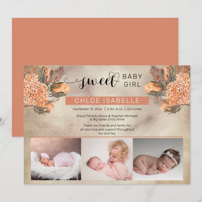 Boho Girl 3 Photo Pampas Grass | Floral Birth  Announcement (Front/Back)