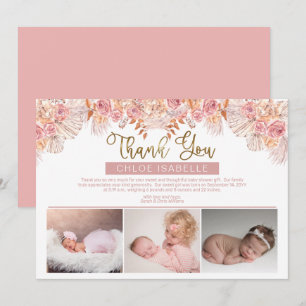 Boho Girl 3 Photo Pampas Grass   Rose Floral Thank You Card