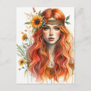Boho Girl AI Art Bohemian Fashion Postcard