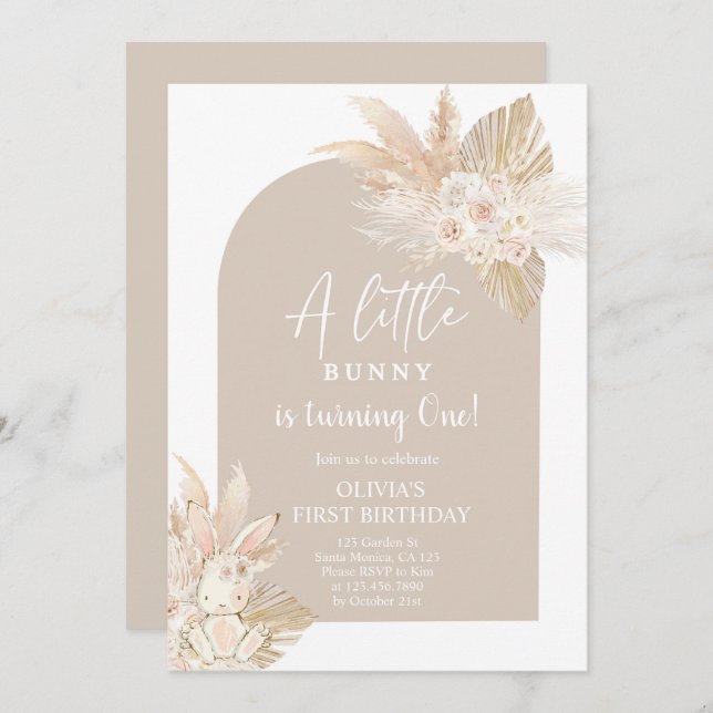 Boho Girl Bunny Rabbit Birthday Invitation (Front/Back)