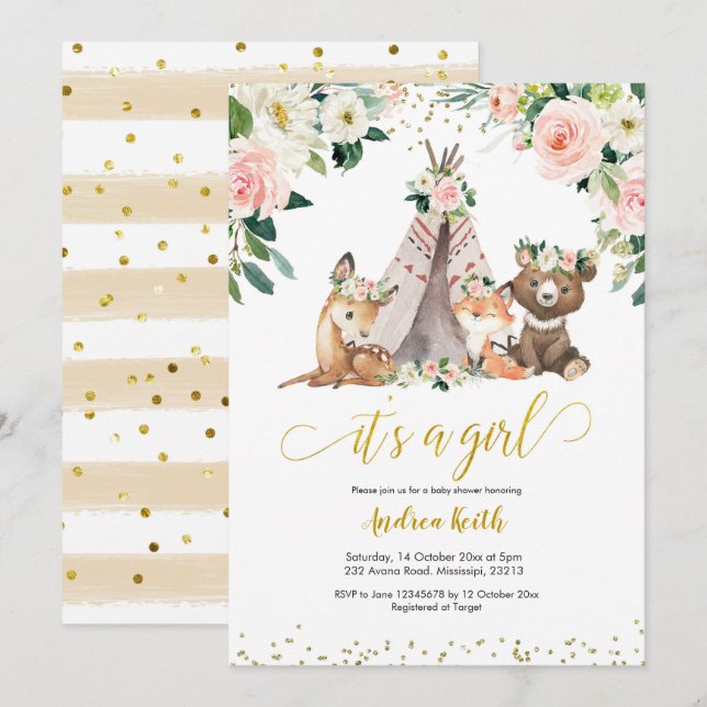 Boho Girl Floral Woodland Baby Shower Invitation (Front/Back)