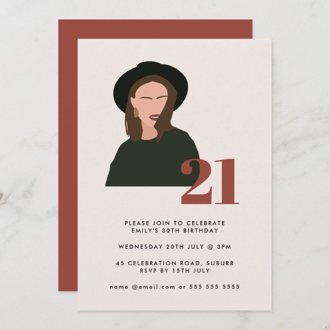 Boho Girl Minimalist Terracotta 21st Birthday Invitation (Front/Back)