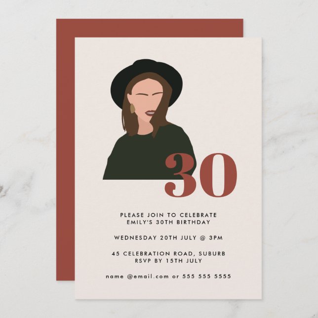Boho Girl Mod Minimalist Terracotta 30th Birthday Invitation (Front/Back)