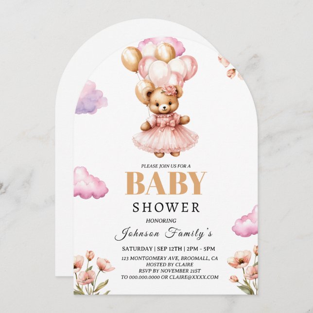 boho Girl pink Babyshower Invitation Bear (Front/Back)