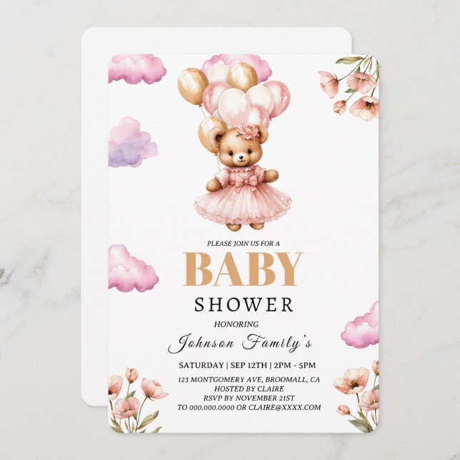 boho Girl pink Babyshower Invitation Bear (Front/Back)