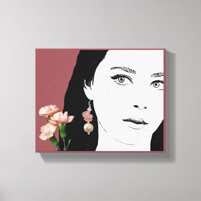 Boho girl pink flowers fashion illustration floral canvas print (Front)