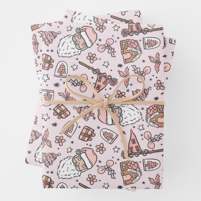 Boho Girly Pink Santa Christmas Doodles Wrapping Paper Sheet (In situ)