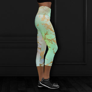 Boho Glam Marble   Neo Mint Green and Gold Glitter Capri Leggings