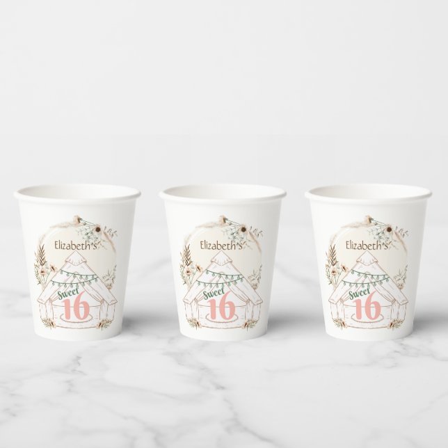 Boho Glamping Sweet 16 Birthday Party Paper Cups (Multi)