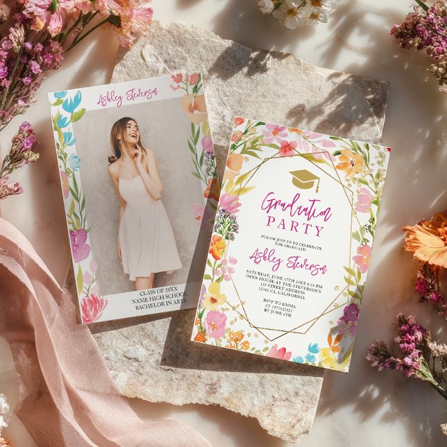 Boho glitter floral watercolor photo graduation invitation (Boho glitter floral watercolor photo graduation invitation)