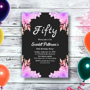 Boho Glow Neon Colours Black Floral 50th Birthday Invitation