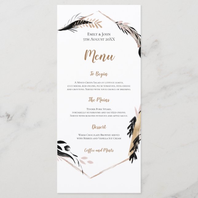 Boho Gold and Black Feather Leaves Frame Wedding Menu (Front)