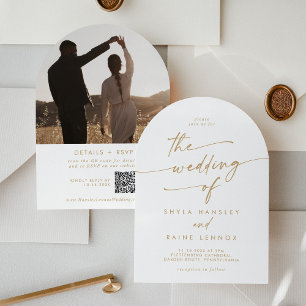 Boho Gold and White Photo QR Code Arch Wedding Invitation