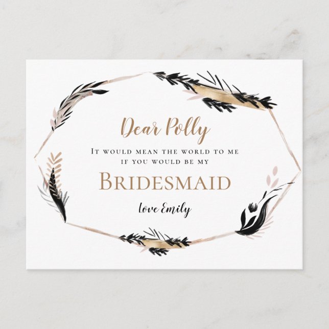 Boho Gold Black Feathery Leaves Bridesmaid Request Postcard (Front)