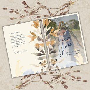 Boho Gold Blue Foliage Winter Wedding Photo Thank You Card