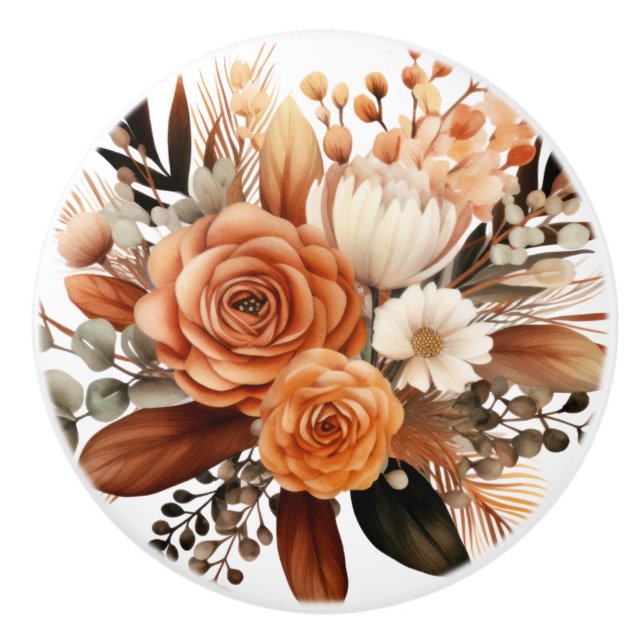 Boho Gold Brown Flowers Floral Ceramic Knob (Front)