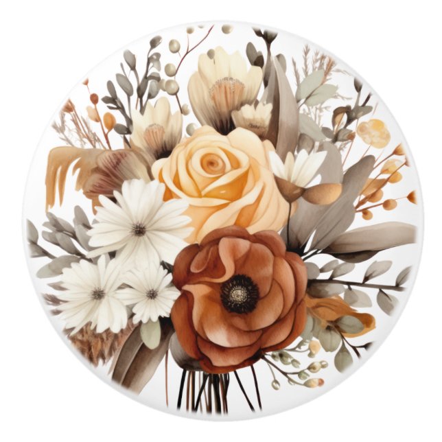 Boho Gold Brown Flowers Floral Ceramic Knob (Front)