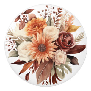 Boho Gold Brown Flowers Floral Ceramic Knob