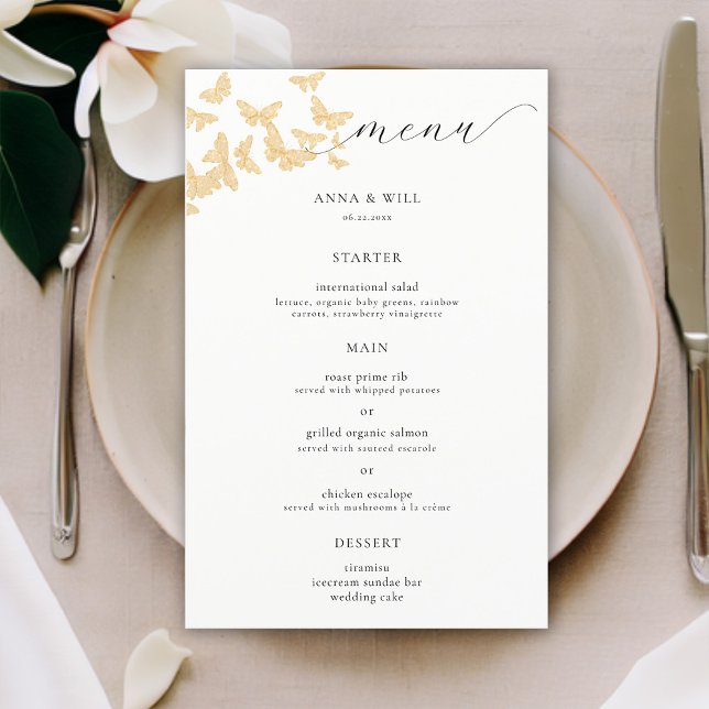Boho Gold Butterflies Elegant Romantic Wedding  (boho gold butterflies wedding menu elegant modern romantic calligraphy simple classic minimalist)
