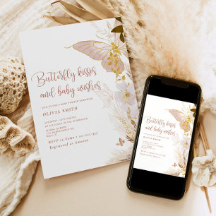 Boho gold Butterfly kisses baby shower Invitation