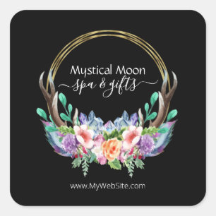 Boho Gold Crystal Cluster Flowers Feather Business Square Sticker