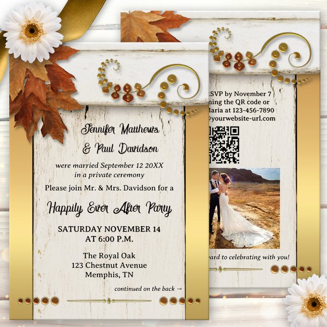 Boho Gold Fall Leaves Happily Ever After Invitation (Boho chic happily ever after wedding party invitation featuring a rustic design with fall leaves)