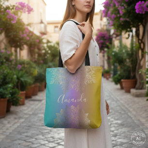 Boho Gold Filigree Mandala Pastel Rainbow Ombre Tote Bag